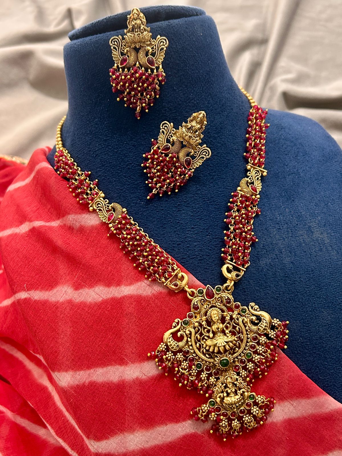 Divine Lakshmi Temple Necklace with Ruby Beads & Antique Finish